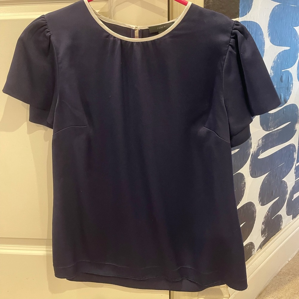 J Crew silk blouse navy with white trim size 6